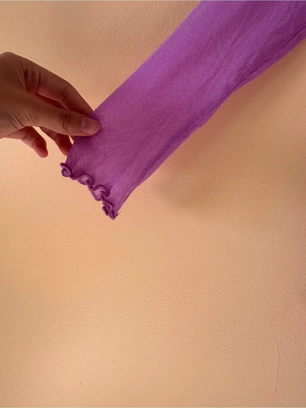 Sheer Lavender Lettuce Hem Stretch Top | Size Medium (Fits Small) - Picture 3 of 7